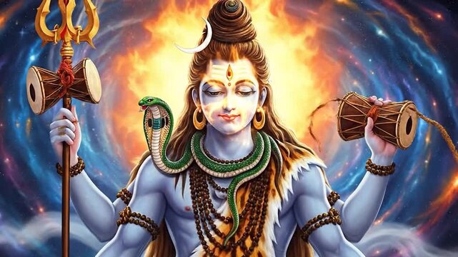 Shiva Mahakal deity seated amidst vibrant cosmic energy, divine serenity.