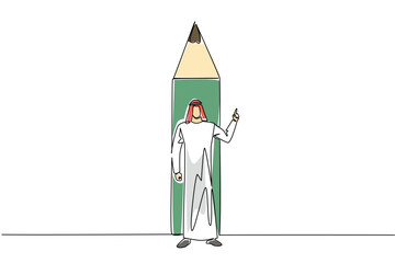 Continuous one line drawing Arab man stands in front of bottom end of pencil with gesture. Write down creative and brilliant ideas. National Creativity Day. Single line draw design vector illustration