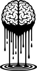 Human brain with black dripping liquid in tattoo style with ripple. Creative thought and mind concept. Vector illustration for emblem, logo, print