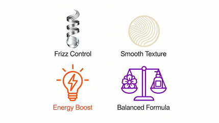 Elements such as anti frizz and smooth texture represent the beauty benefits of energy revitalization and formula balance, suitable for promotional materials in the beauty industry.
