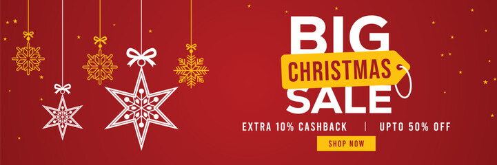 Obraz premium Festive red Christmas sale banner with hanging snowflake ornaments, bold Big Christmas Sale text, extra 10% cashback and up to 50% off offer, modern holiday shopping promotion background.