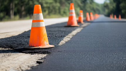 Road work ahead! A series of traffic cones line a freshly paved road. The dark asphalt contrasts with the bright orange cones, symbolizing progress and safety during construction.