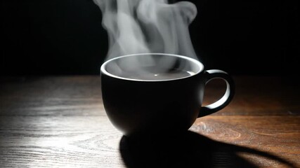 Black mug of hot steaming coffee on a wooden table, creating a cozy morning atmosphere - Powered by Adobe