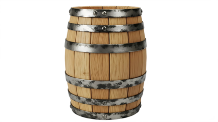 Vintage wooden barrel with rustic metal bands on transparent background