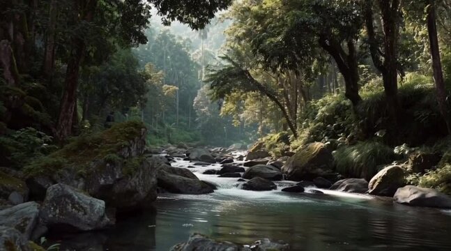 Pemandangan sungai di hutan yang tenang dengan sinar matahari yang menembus pepohonan.
