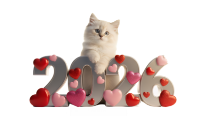 White cat sitting on 2026 hearts decoration, cute feline Valentine's Day theme