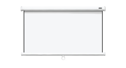 Clean white blank projector screen hanging on a wall for business presentations or movie screenings in a modern office or classroom.