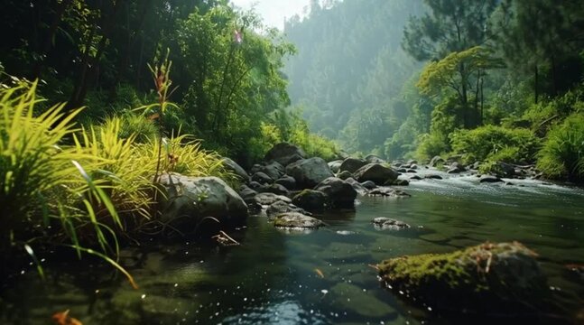 Aliran sungai hutan yang tenang dengan bebatuan dan pepohonan hijau yang rimbun.