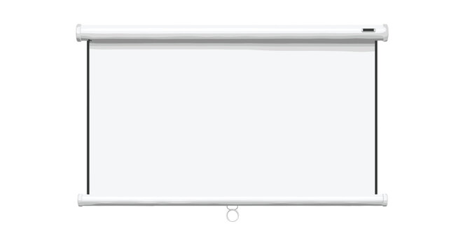 Clean white blank projector screen hanging on a wall for business presentations or movie screenings in a modern office or classroom.