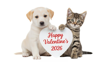Adorable Puppy and Kitten Celebrating Valentine's Day with Heart-Shaped Sign
