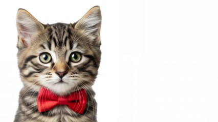Adorable tabby cat wearing red bow tie on black background, looking cute and charming