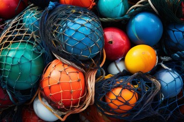 Close up view of a collection of colorful fishing net floats, showcasing a vibrant and textured marine background