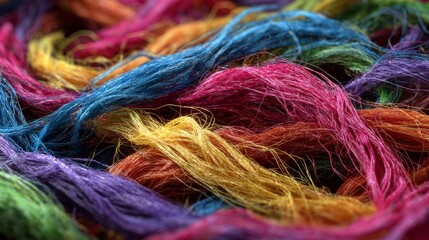 Fototapeta premium Close-up showcases a jumbled array of brightly colored thread strands, tightly packed, creating a textural abstract
