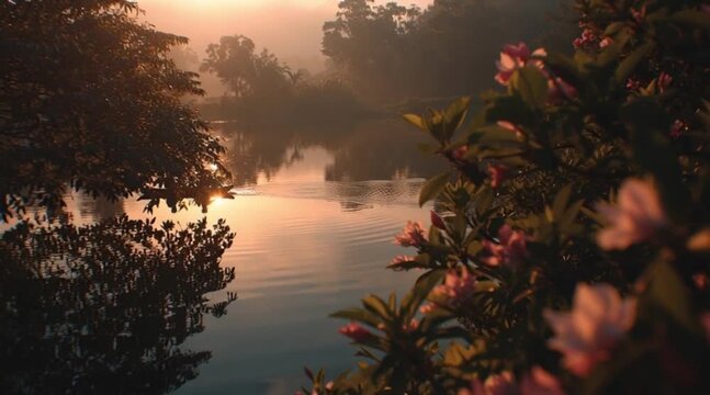 Pemandangan matahari terbenam yang tenang, pasangan mendayung perahu di danau yang damai, dikelilingi oleh pepohonan hijau yang rimbun dan bunga-bunga yang semarak.