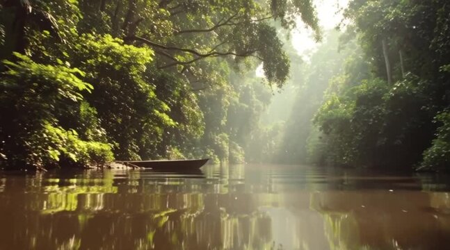 Sungai hutan yang tenang dengan perahu, dikelilingi oleh pepRimbunan hijau dan suasana berkabut.