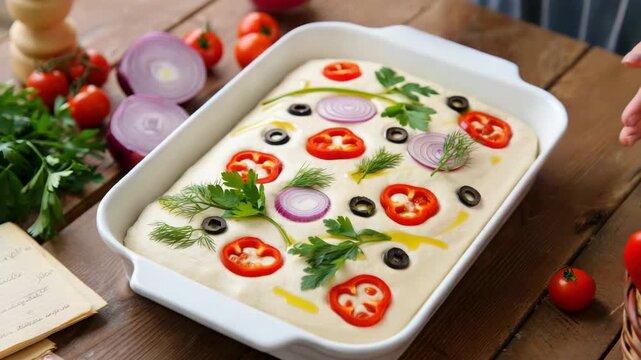 Homemade focaccia dough decorated with vegetables and herbs before baking, creative garden style bread art in ceramic baking dish, rustic Italian home cooking concept, artisanal preparation process 