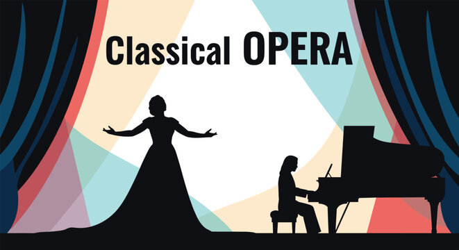 Dramatic silhouette of an opera singer performing on stage accompanied by a pianist in a theater with colorful spotlights and curtains.