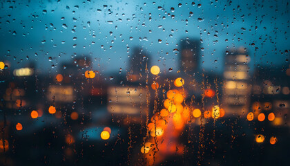 raindrops on a window with city lights in the background.