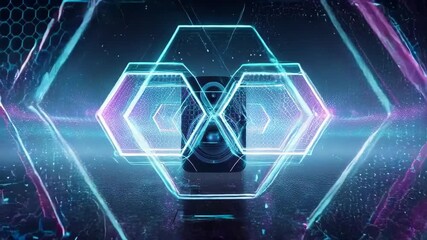 Futuristic smartphone with illuminated geometric shapes and blue-purple color palette - Powered by Adobe