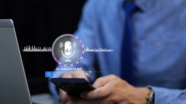 Businessman using AI voice assistant on smartphone with animated microphone for chat with AI agent