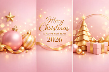 Happy New Year 2026 and Merry Christmas pink and gold social media backgrounds with fireworks - Templates for square, portrait posts and etc.