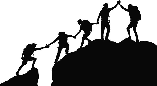Black silhouette mountain climbing team helping partner reach top teamwork concept vector illustration leadership success partnership design graphic element isolated