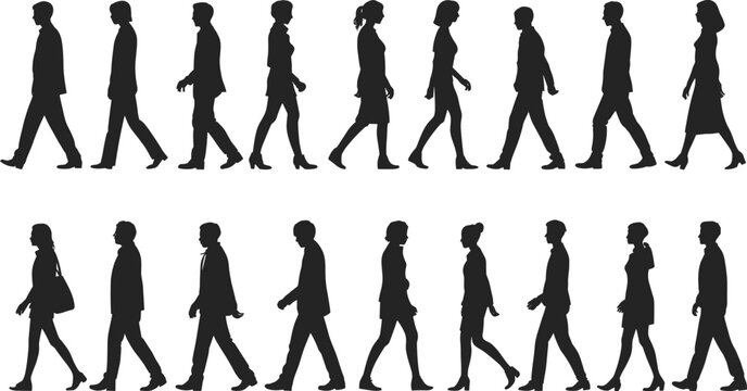 Black silhouette people walking set men and women pedestrians in profile moving forward side view vector illustration business concept design