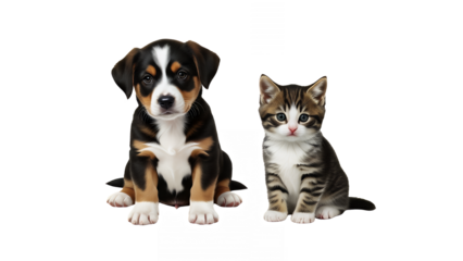 Adorable puppy and kitten sitting together on black background, cute animals friendship