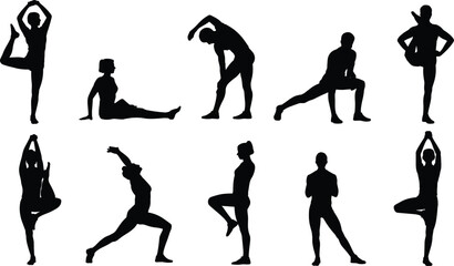 Fototapeta premium Black silhouette yoga poses set men and women stretching body for fitness and health workout vector illustration graphic design element