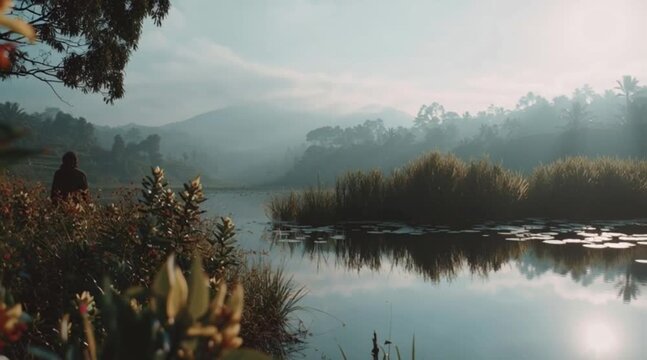 Pemandangan yang tenang dengan seseorang duduk di tepi danau yang damai, dikelilingi oleh tanaman hijau subur dan bunga-bunga yang semarak.