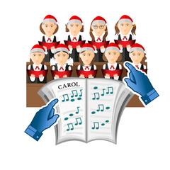 A conductor's hands in front of sheet music. The choir consists of two rows of women in christmas hats sing Carols, isolated on a white background. Vector Flat Christmas illustration 