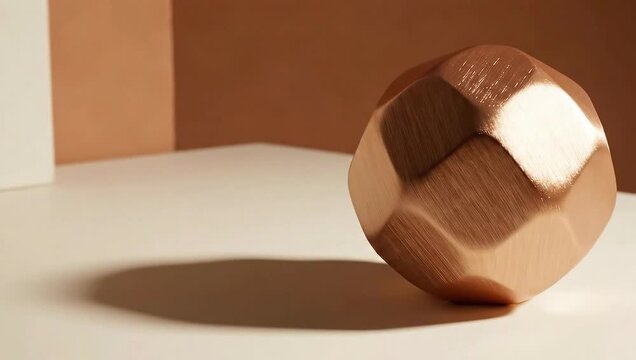 A faceted, geometric, wooden decorative object with warm tones casting a shadow on a light surface.