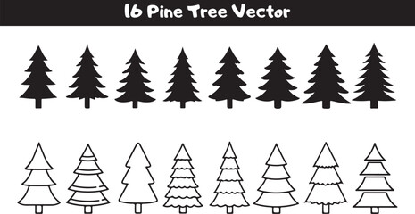 Obraz premium Collection of 16 Pine Tree Vectors in Minimalist Style Conveying Serene Mood