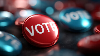 Close-up of a red vote button with 'VOTE' text surrounded by blue and red buttons on a dark surface