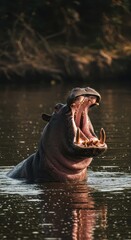 Fototapeta premium A massive African hippopotamus is mostly submerged in muddy river water, showing its huge head and powerful jaw, enjoying the wetland environment, skin, nature, environment