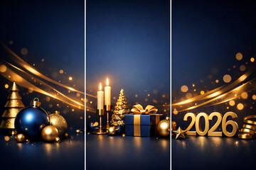 Happy New Year 2026 and Merry Christmas blue dark and gold social media backgrounds with fireworks - Templates for square, portrait posts and etc.