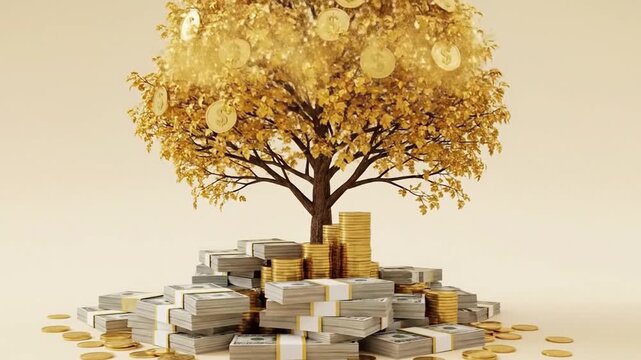 Golden money tree rising from currency stacks symbolizing wealth.