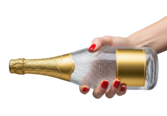 perfectly manicured caucasian female hand with vibrant red nails holds a clear, heavily condensed luxury bottle with gold foil, extreme close-up on transparent background. concept for high-end product