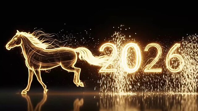 Horse Zodiac 2026 Chinese New Year Glowing Animation Featuring Running Golden Horse with Flowing Light Trails Representing Energy Prosperity Motion Success and Positive Spirit Inspired by Lunar Calend