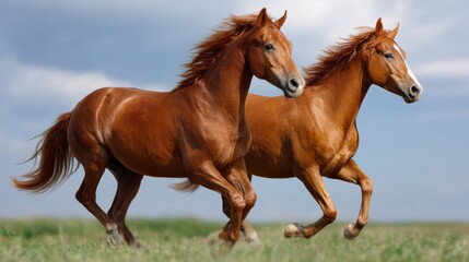 Obraz premium Two stunning chestnut horses run joyfully through lush grass, their manes flowing in the gentle breeze. A bright blue sky enhances the beauty of this serene landscape