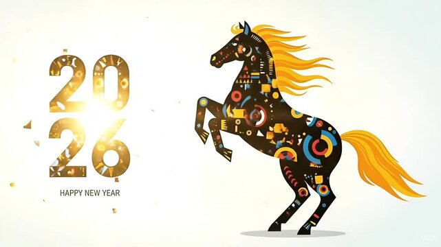 Chinese zodiac horse animation with colorful geometric art lunar calendar symbolism cultural design motion background