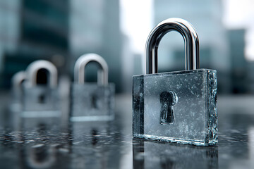 Fototapeta premium Security Concept: Modern Padlocks on Reflective Surface for Digital Protection Design