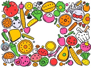 A vibrant and energetic composition of assorted food doodles, showcasing a variety of delicious and fun edible elements in a playful artistic style,  vibrant,  creative food