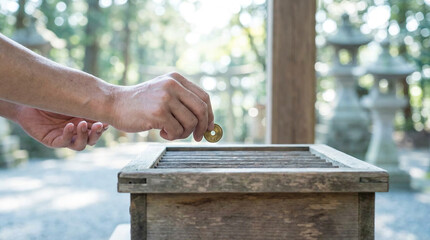 神社の賽銭箱にコインを入れる参拝者の手元の日本の伝統的な参拝作法