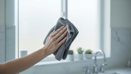 グレーの布で窓ガラスを拭き掃除する手元の清潔な家事ライフスタイルシーン