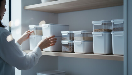 パントリー棚の白い保存容器を手に取る整理整頓されたキッチン収納ライフスタイル