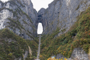 Tianmen Mountain with its pierced rock above the city of Zhangjiajie in Hunan, China.