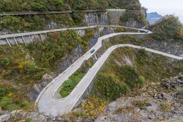 Tianmen Mountain with its pierced rock above the city of Zhangjiajie in Hunan, China.