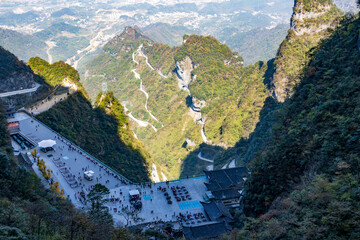 Tianmen Mountain with its pierced rock above the city of Zhangjiajie in Hunan, China.