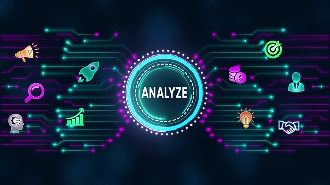 Analyze Concept with Icons and Circuit Board Design Keywords: analyze, analysis, data, business, research, information, insight, strategy, growth, success, idea, innovation, startup, launch
